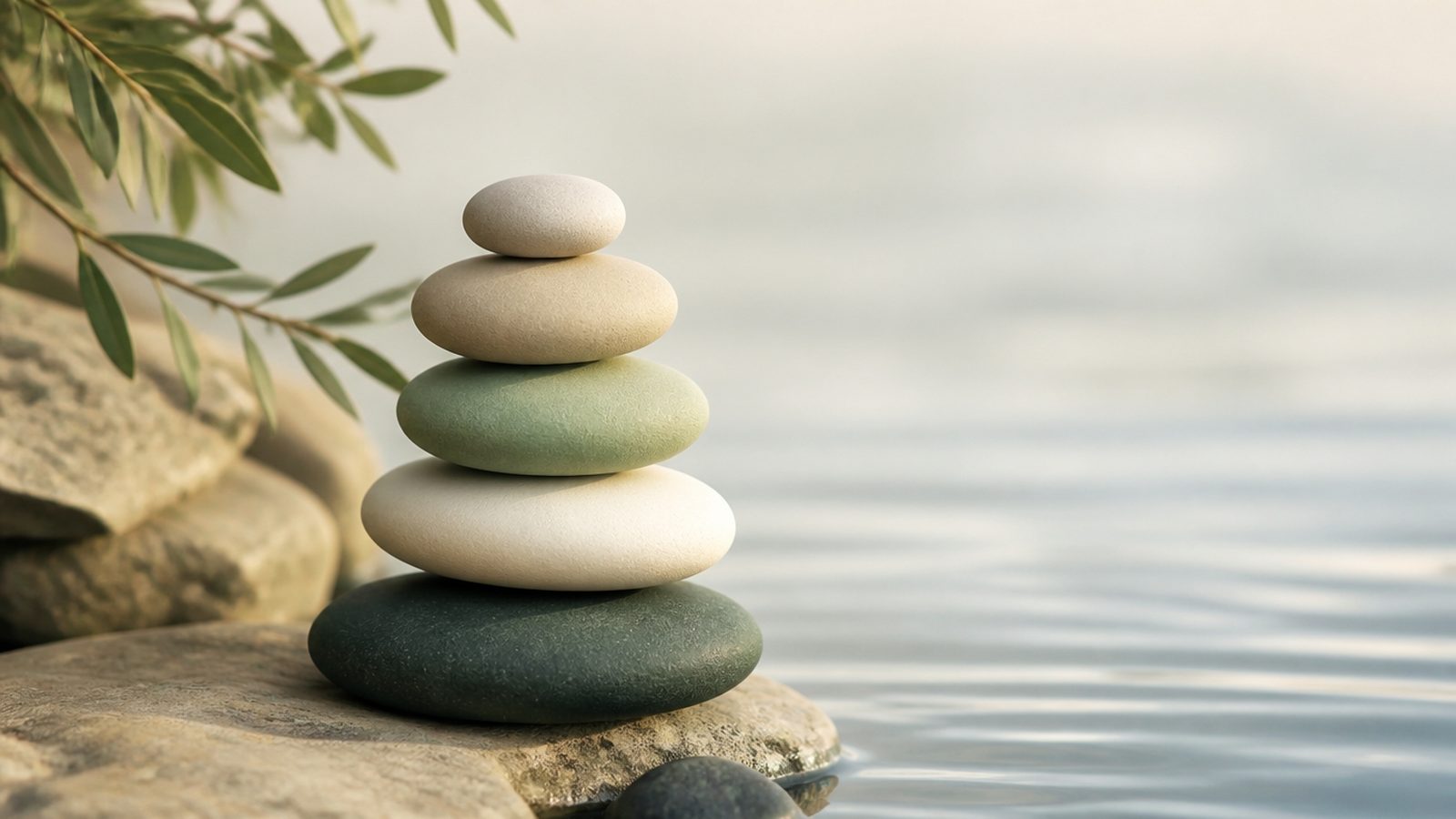 Smooth stacked stones balanced beside still water in soft morning light
