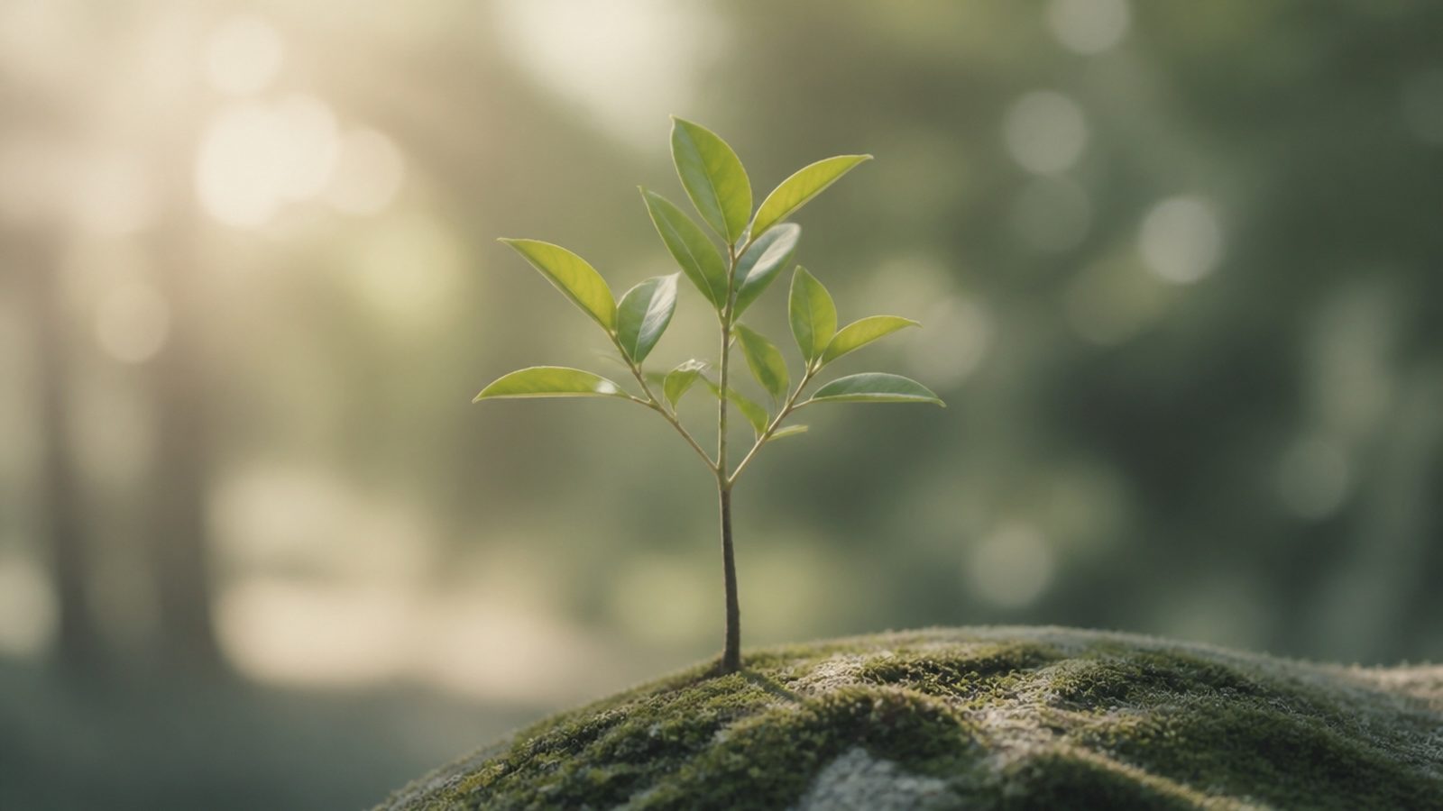 A young sapling in soft focus sunlight with gentle bokeh