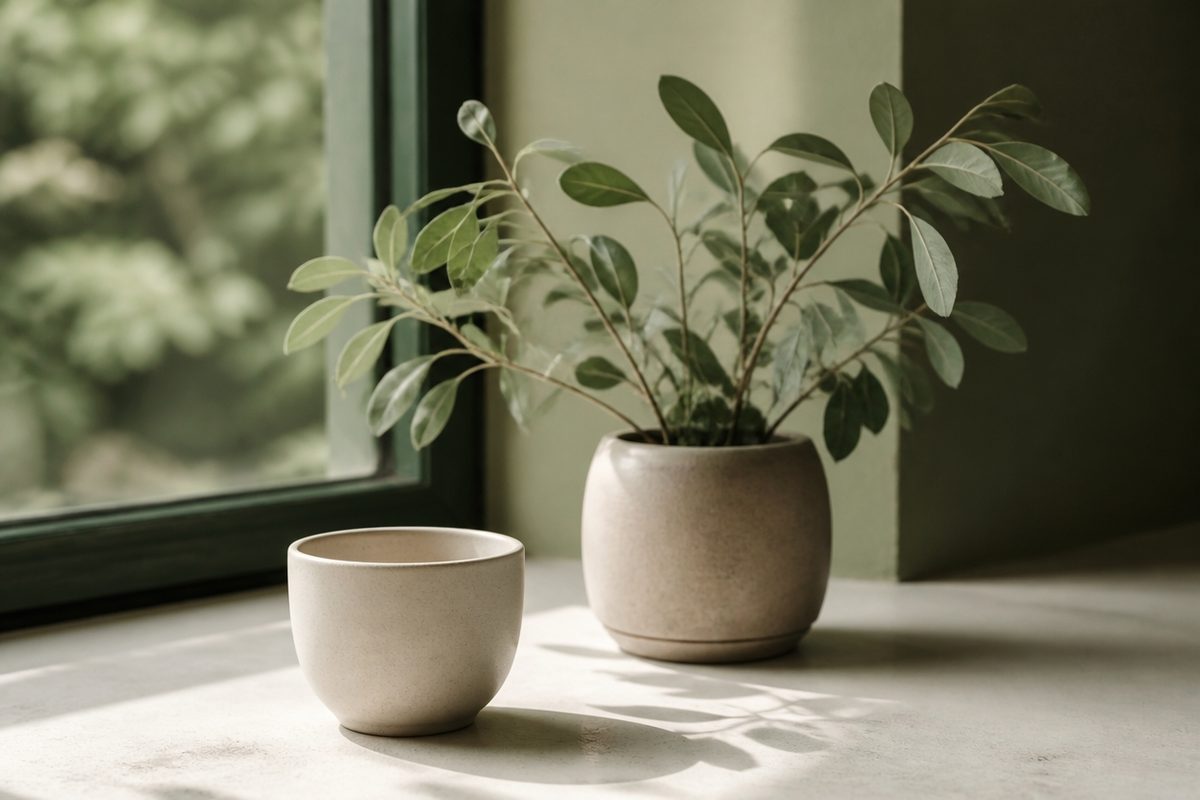 A plain ceramic cup and a small potted plant on a light table by a window