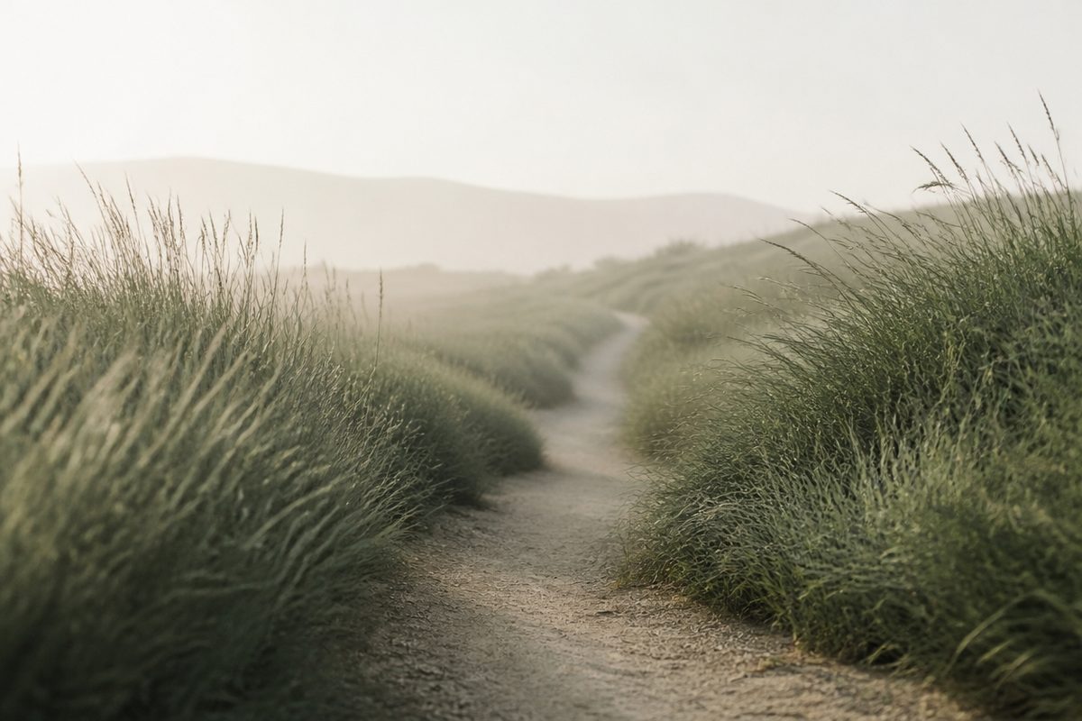 A quiet footpath winding through tall grass in soft morning haze