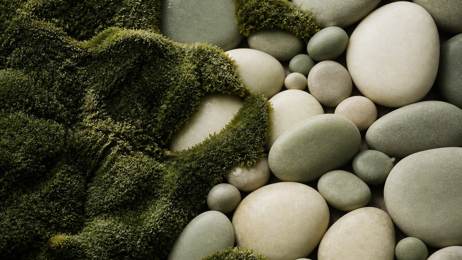 Soft green moss and smooth pale river stones in gentle diffused light