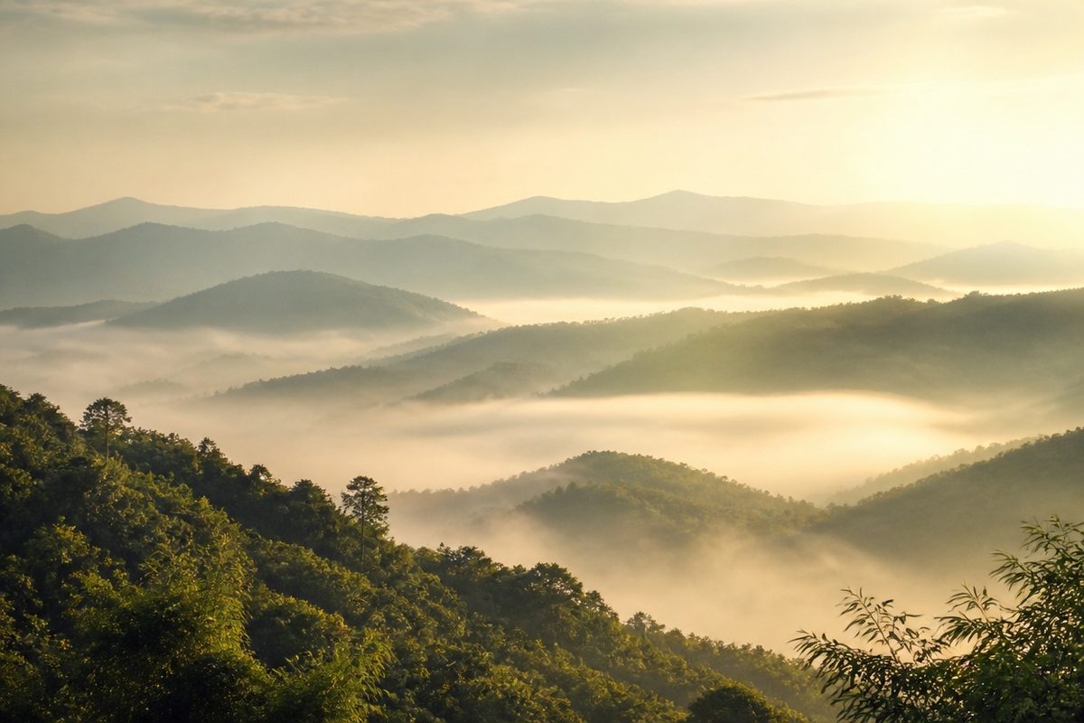 Sunrise light over a calm misty valley with layered green hills receding into haze