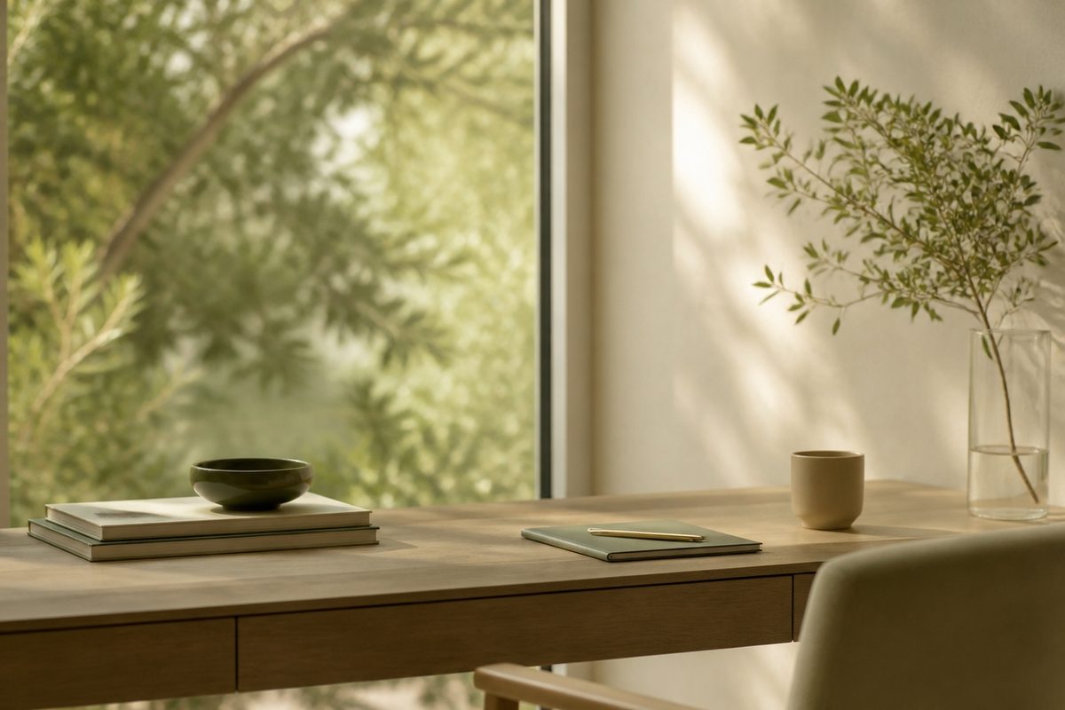 A minimal wooden desk beside a large window with green foliage softly blurred beyond the glass